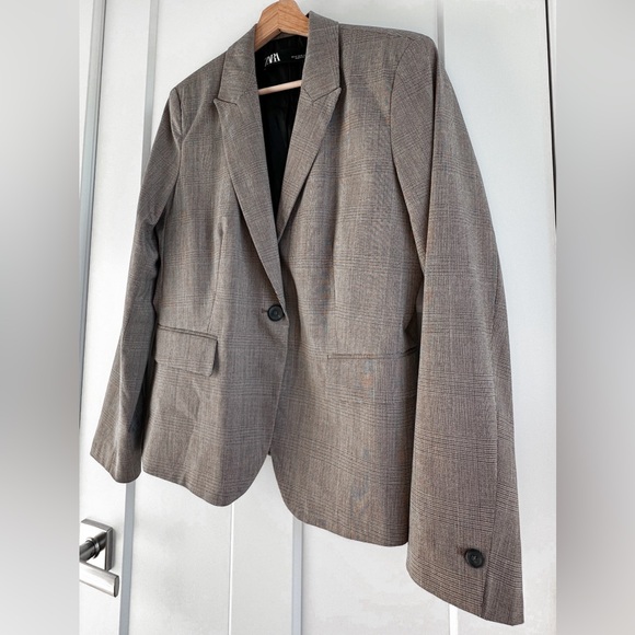 Zara Basic Plaid Brown Blazer Tailored Jacket One Button Size 10 US - Picture 2 of 8